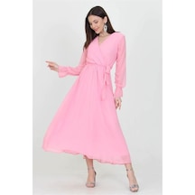 Kadın Kuşaklı Uzun Şifon Elbise Dpkts003 Pudra