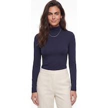 Onloox Kadın Lacivert Lacivert Viskon Dokuma Yarım Balıkçı Yaka Uzun Kollu Slim Fit Esnek Basic Bluz