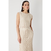 On Kadın Dantel Desenli Crop Bluz 76371 Krem