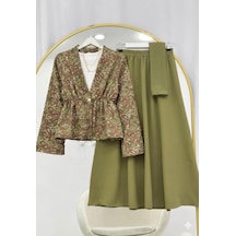 Lovie Moda Kadın Bohem Desenli Etekli Takım - Haki