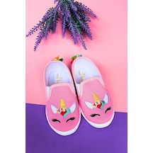 Unicorn Nakışlı Çocuk Keten Babet Ayakkabı-pembe-f-492 Pembe