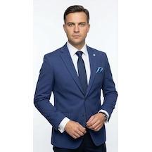 Plus Scorpion Erkek Slim Fit Ceket Likralı Fitilli Kumaş, Çift Düğmeli Tek Yırtmaçlı Modern Tasarım Mavi