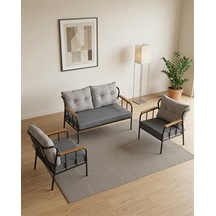 Paris 2+1+1 Metal Balkon Takımı Keten Dokulu Kumaş Siyah Metal - Bahçe Teras Oturma Grubu