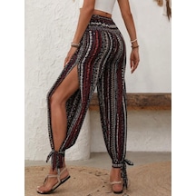 Efnaz Style Kadın Yüksek Bel Desenli Paçadan Bağlamalı Yanları Yırtmaçlı Süprem Pantolon kahve