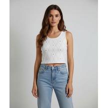Intive Moda Ottoman Kumaş Baklava Desen Bisiklet Yaka Parlak Taşlı Fitilli Premium Bluz/crop Beyaz