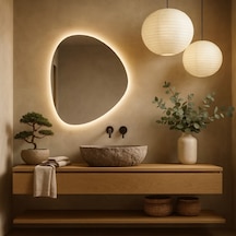 80x93 Cm Modern Asimetrik Led Li Banyo Aynası Dokunmatik, Dimmerli, 3000k Günışığı Sarı