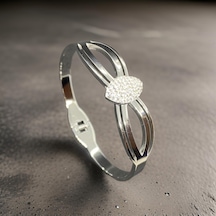 Gümüş Renk Minimal Tasarım Ve Zirkon Taşlar 316l Süslenmiş Oval Motif Kadın Çelik Bileklik - 1216 Gümüş