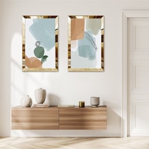 Gold Aynalı Pleksi Çerçeveli Renkli Modern Soyut Şekiller İkili Mdf Tablo Seti