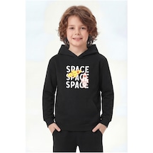 Panios Kids Kanguru Cepli Kapüşonlu Baskı Detaylı Erkek Çocuk Sweatshirt Siyah
