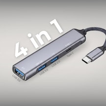 Type-c To Usb Hub - 4 Portlu Alüminyum Çoklayıcı Dönüştürücü, Macbook, Laptop Ve Telefon Uyumlu Tak Çalıştır Taşınabilir Çoklayıcı Adaptör Gri 01