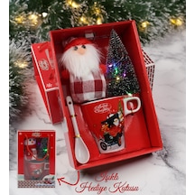 Özel Işıklı Hediye Kutusunda Yılbaşı Figürü & Masaüstü Çam Ağacı & Kupa & Kaşık Yeni Yıl Noel Premium Hediye Seti
