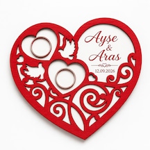 Ayşe & Aras Kişiye Özel Kalpli Yüzük Tepsisi İsim Ve Tarihli Ahşap Nişan Söz Yüzük Standı 15x13 Cm Beyaz & Kırmızı