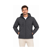 Erkek Su Geçirmez Softshell İçi Polar Astarlı Çıkarılabilir Kapüşonlu 4 Cepli Mont Ceket - Füme