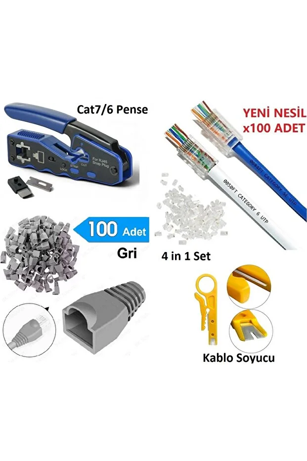 Yeni Nesil Pense Cat7/6a/cat6 + 100 Adet Cover Kılıf + 100 Adet Rj45 Jak + Kablo Soyucu 4 İn 1 Network Set