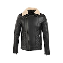 Oliggopol Erkek Siyah Kuzey Yaka Kürklü Slim Fit Deri Ceket Mont Siyah