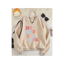 Herkesemoda More Amor Baskı Desen Detaylı Bisiklet Yaka Sweatshirt Bej