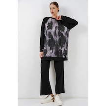 Bigdart Kadın Desenli Oversize Tunik Pantolon İkili Takım 55462 - Siyah