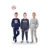 Fyk Kids 3'lü Yuvarlak Yaka Baskı Detaylı 6 Parça Erkek Çocuk Eşofman Takımı Füme - Lacivert