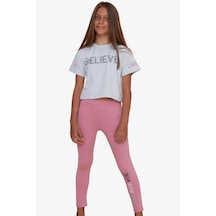Breeze Kız Çocuk Kapri Taytlı Crop Takım Yazı Baskılı 8-12 Yaş, Açık Gri Melanj Açık Gri
