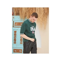 Erkek Bisiklet Yaka Tişört Nakış İşlemeli Kısa Kol Oversize T-shirt - Yeşil