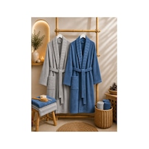 2'li Carla Havlulu Bornoz Seti 2 Adet Unisex Bornoz + 2 Adet 50x90 Baş Havlusu, Yumuşak Dokulu, 340 Gsm, S/m - L/xl Açık Gri - Lacivert