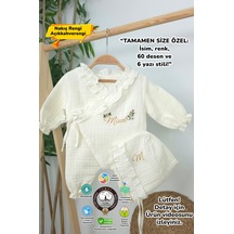 Gros Shop Müslin Yeni Doğan 4katlı Organik %100pamuk Kişiye Özgü Nakışlı Hastane Çıkış Seti Güllü Model-4 Ekru-3