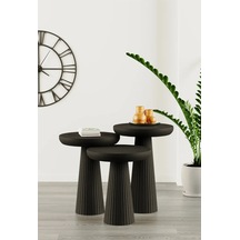 Wooden Siyah Ahşap 3 Lü Set Fitilli Mantar Yan Sehpa Modern Siyah Renk Fiskos Siyah