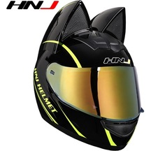 Hnj Helmet Kedi Kulakları Off-Road Lokomotif Tam Kapalı Motosiklet Kaskı Sarı - Siyah