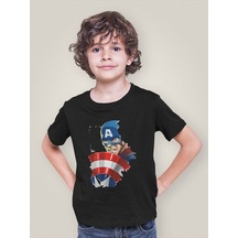 Sevbano Unisex Tasarım Kaptan Amerika Baskılı Avengers Film Çocuk Tişört Siyah