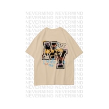 Nevermind Unisex Kadın Erkek Ny-me Özel Tasarım Sırt Baskılı Oversize Tshi Bej