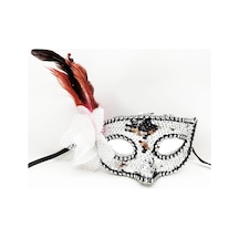 Gümüş Renk Yandan Tüylü Güllü Gümüş Taşlı Pullu Maske 20x22 Cm