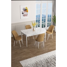 Canisa Concept Han Serisi 70x114, Açılabilir Mdf Mutfak Masa Takımı, Beyaz Mermer Desen Masa 4 Cappucino Sandalye Masa Beyaz Mermer Desenli Sandalyeler Cappucıno