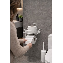 Buççin Online Mağaza Beyaz Güçlü Yapışkanlı Raflı Tuvalet Kağıtlığı - Delme Gerektirmez, Banyo Düzenleyici Metal Beyaz Çok Renkli