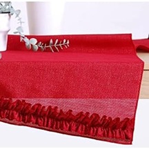 Simli Keten Runner Kırmızı Fırfırlı 45x150 Açık Bej