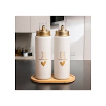 Bambu Standlı 2 Li Damlatmaz Kapaklı Cam 550 Ml Oil Yağdanlık Yağlık Set Beyaz Beyaz