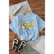Bella Limon Ön Baskılı Oversize Pamuklu Kadın T-shirt Turkuaz