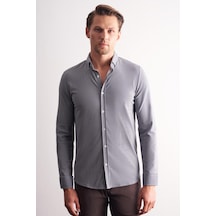 İmza Lacivert - Beyaz Smart Düğmeli Yaka Uzun Kol Cepsiz Slim Fit Casual Gömlek 1004255165 Lacivert - Beyaz
