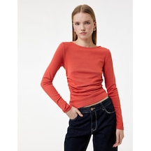 Koton Pamuklu Slim Fit Kayık Yaka Drapeli Uzun Kollu Tişört Turuncu 6wal10195ık Turuncu