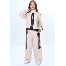 Kız Çocuk 2 İplik Yarım Fermuarlı Garnili Eşofman Takımı %100 Pamuk Rahat Kalıp-325 Bej