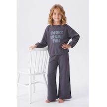 Alkın Kids 3-8 Yaş Kız Çocuk %100 Pamuk Süprem Penye Kumaş Baskılı Sweatın Eteği Lastiikli Uzun Kolu Bol Paçalı Pijama Takımı Gri