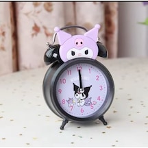 Kuromi Tasarımlı Metal Masa Saati - Işıklı Çift Zilli Nostaljik Alarm Saat Mor Siyah