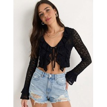 Shade Kadın V Yaka Bağlamalı Önü Fırfırlı Transparan Dantel Crop Bluz 1033 60283939 - Siyah