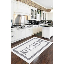 Gri Kaymaz Taban Yıkanan Kitchen Yazılı Mutfak Halısı Ar492n11
