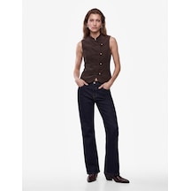 Koton Koton X Selected By Melis Ağazat - Slim Fit Mandarin Yaka Süslü Düğmeli Yelek Kurbağa Kapama Kahverengi Çizgili 7wak20358ew