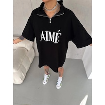 Kadın Yarım Fermuarlı Tişört Baskılı T-shirt - Siyah