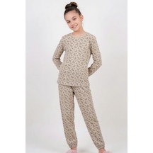 Breeze Kız Çocuk Pijama Takımı Çiçek Desenli Beli Paçası Lastikli 9-12 Yaş, Bej