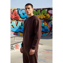 Benerly Erkek Bisiklet Yaka Düşük Kol Oversize Kalın Nakışlı Sweatshirt F Kahverengi