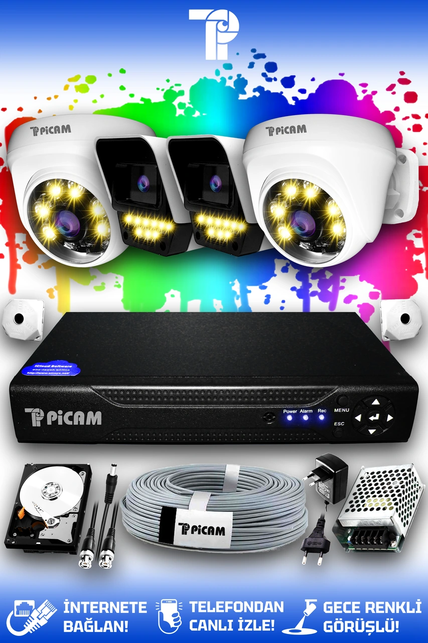 Picam 4 Kameralı Süper 2 İç Kamera Set 1 TB 5 MP 2K Net Renkli Gece Görüşlü Güvenlik Kamerası Sistemi