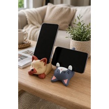 2'li Set Kedi Figürlü Telefon Tutucu Stand - 3d Baskı Ofis Masaüstü Aksesuarı Ve Biblo