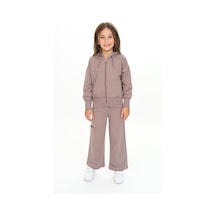 Toontoy Kids Toontoy Kız Çocuk 2'li Takım Kapüşonlu Fermuarlı Sweatshirt & Beli Lastikli Bol Paça Cepli Eşofman Altı - 2 İplik Kahverengi
